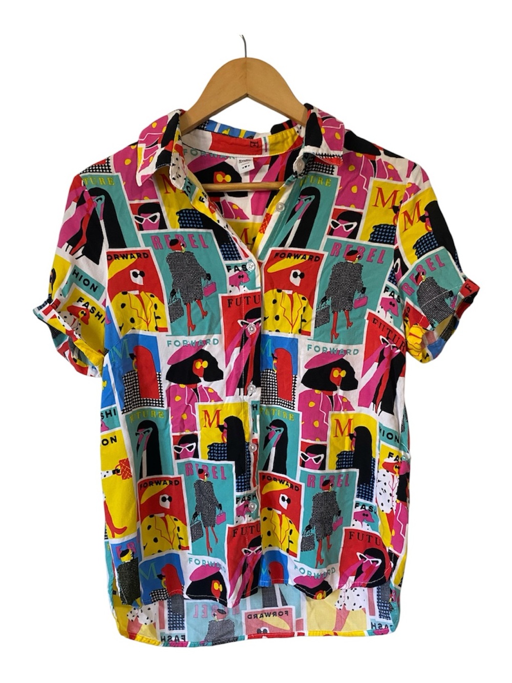 Twik Simons Retro Pop Art Fashion Collage Short Sleeve Button Up Shirt M